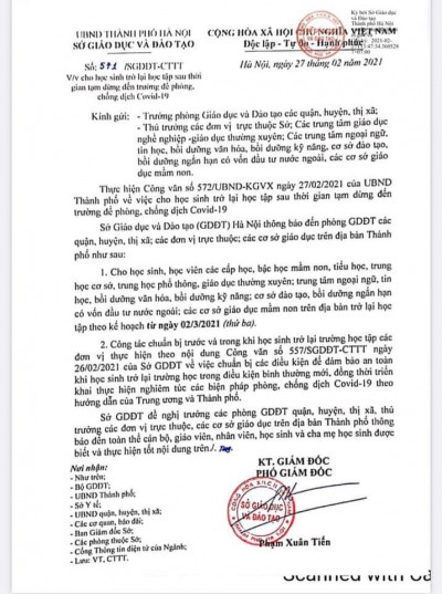 Công văn của Sở Giáo Dục và Đào Tạo về việc cho học sinh trở lại học tập sau thời gian dừng đến trường để phòng chống dịch Covid - 19