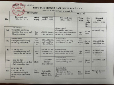 CÔNG KHAI THỰC ĐƠN CỦA BÉ THÁNG 2 NĂM 2026
