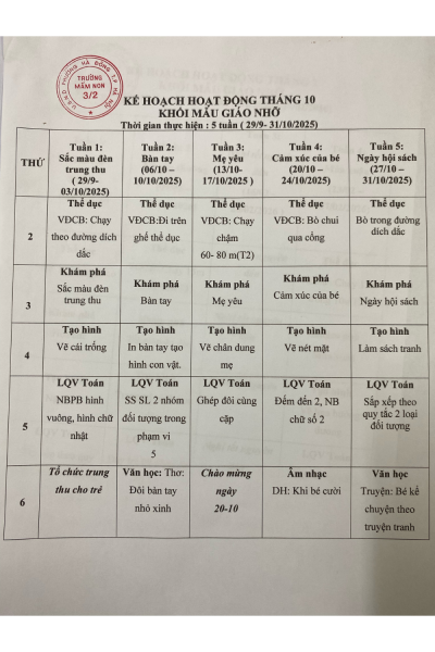 Kế hoạch hoạt động tháng 10/2025 - Khối MGN
