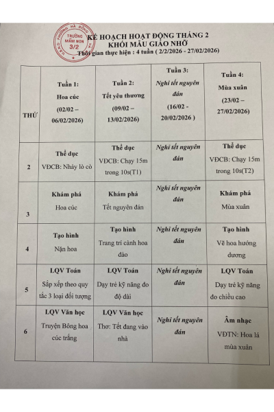 Kế hoạch hoạt động tháng 02/2026 - Khối MGN