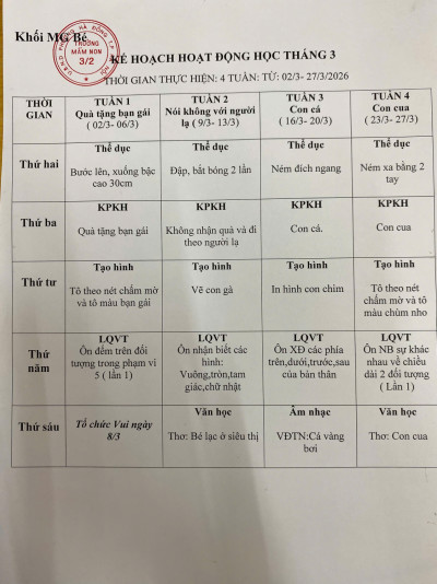 Kế hoạch hoạt động tháng 3/2026 - Khối MGB