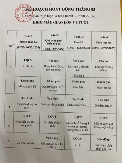 Kế hoạch hoạt động tháng 3/2026 - Khối MGL