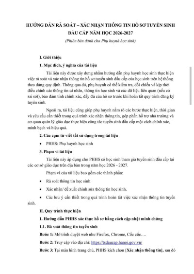 HƯỚNG DẪN RÀ SOÁT – XÁC NHẬN THÔNG TIN HỒ SƠ TUYỂN SINH ĐẦU CẤP NĂM HỌC 2026-2027(Dành cho Phụ huynh học sinh)