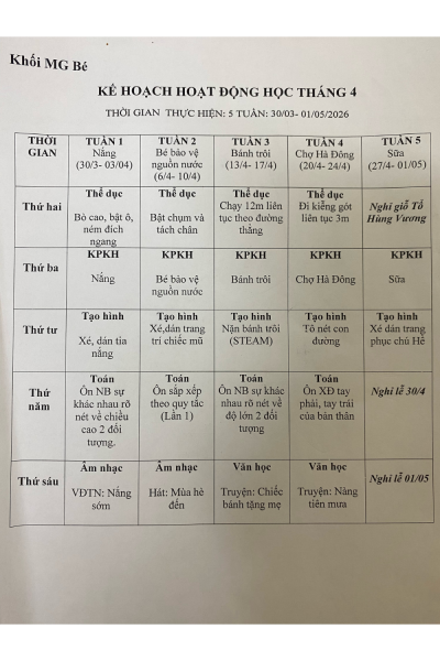 Kế hoạch hoạt động Tháng 4/2026 - Khối MGB