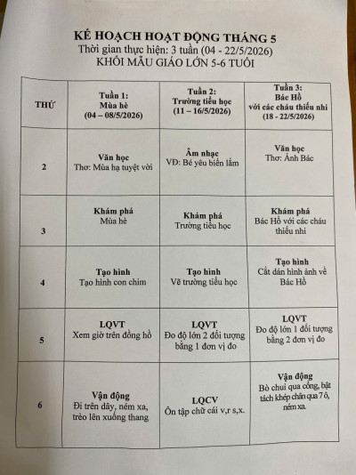 Kế hoạch hoạt động tháng 5/2026 - Khối MGL
