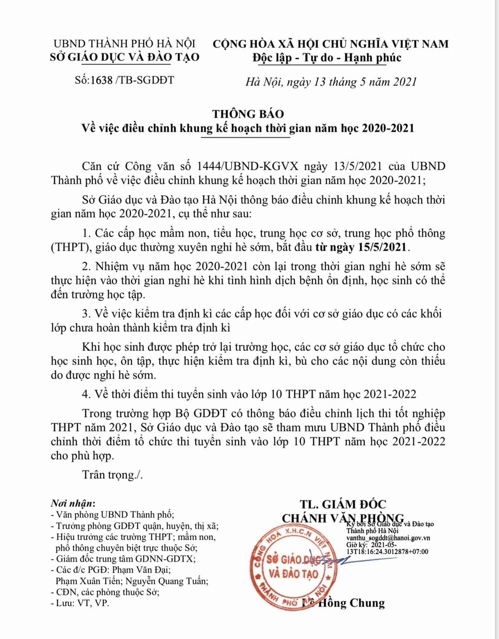 Thông báo của Sở Giáo Dục và Đào Tạo về việc điều chỉnh khung kế hoạch thời gian năm học 2020 - 2021