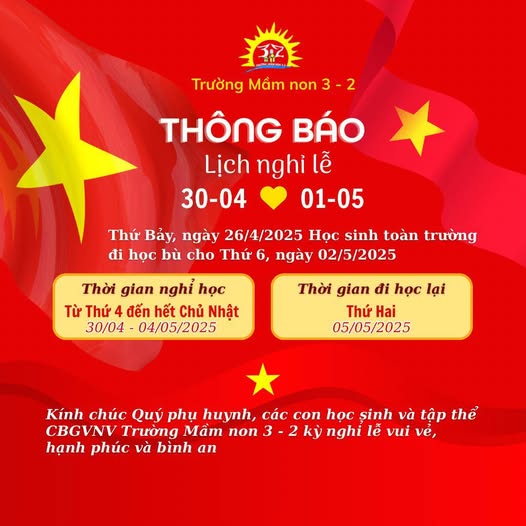 THÔNG BÁO LỊCH NGHỈ LỄ 30-4GIẢI PHÓNG MIỀN NAM  VÀ 1-5 QUỐC TẾ LĐ