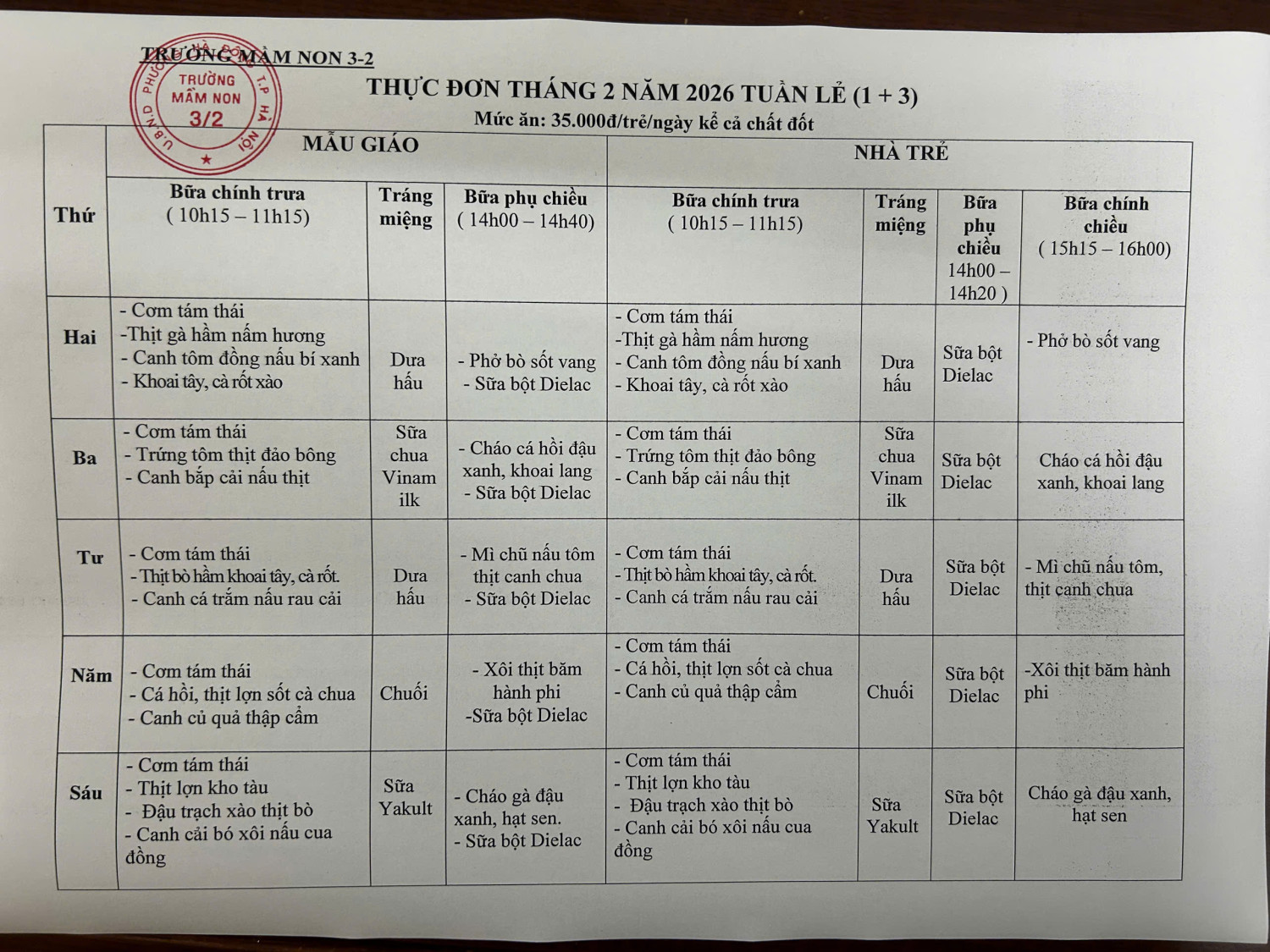 CÔNG KHAI THỰC ĐƠN CỦA BÉ THÁNG 2 NĂM 2026