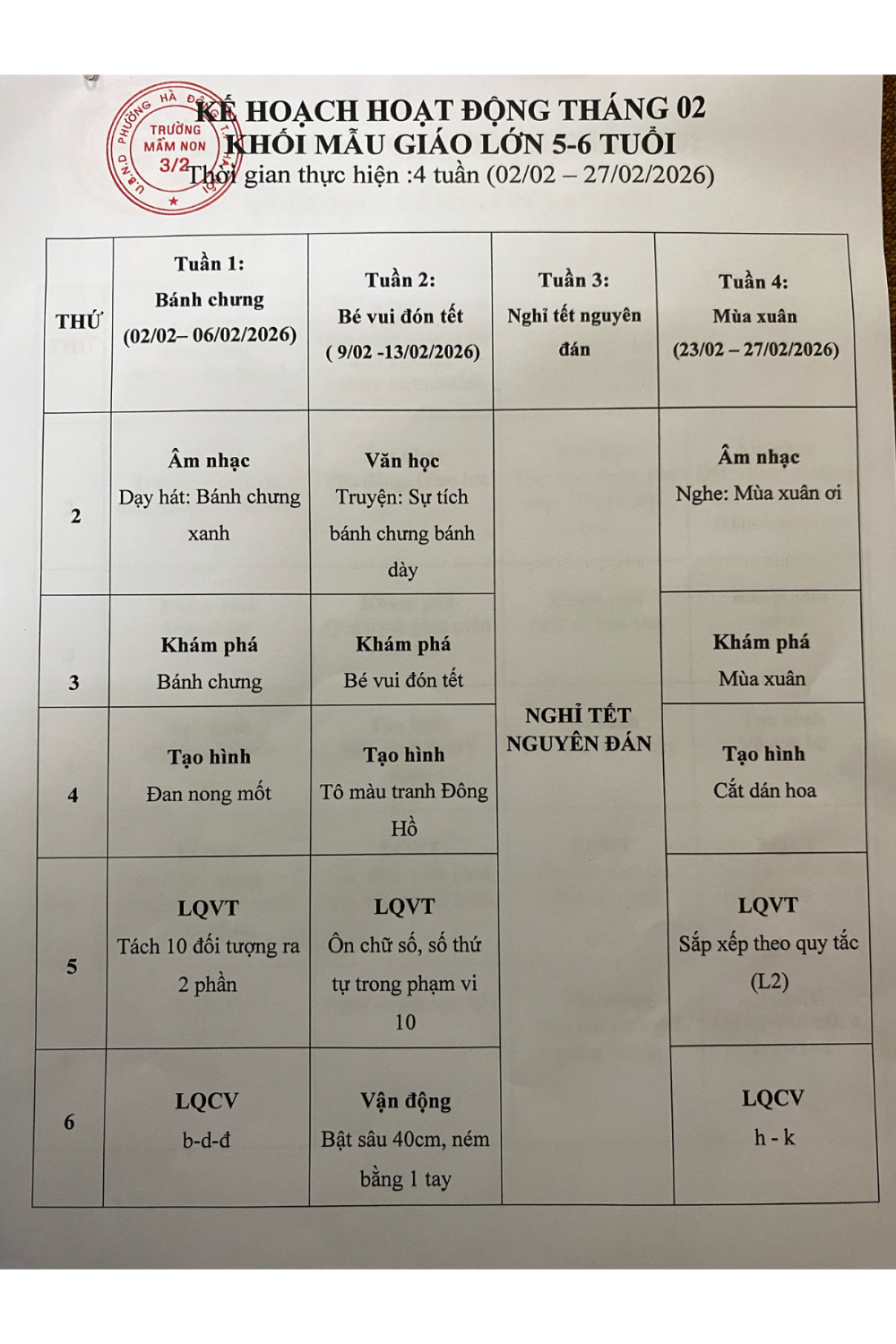 Kế hoạch hoạt động tháng 2/2026 - Khối MGL