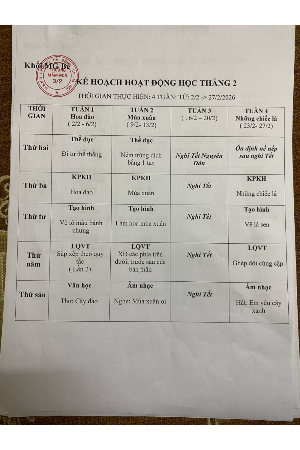 Kế hoạch hoạt động tháng 2/2026 - MGB