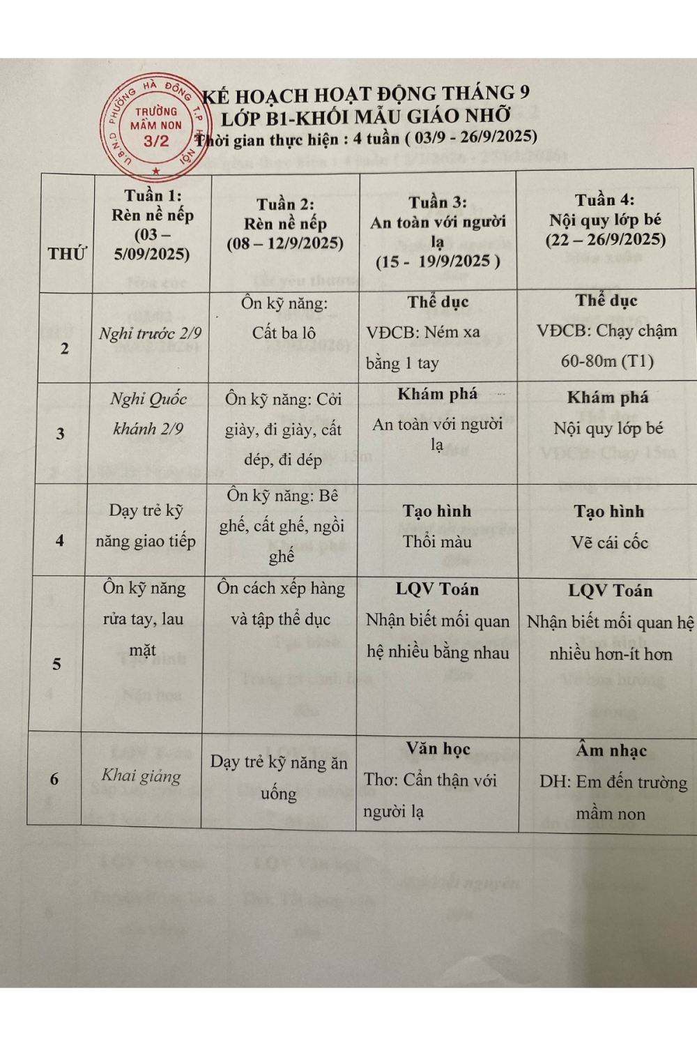 Kế hoạch hoạt động tháng 9/2025 - Khối MGN