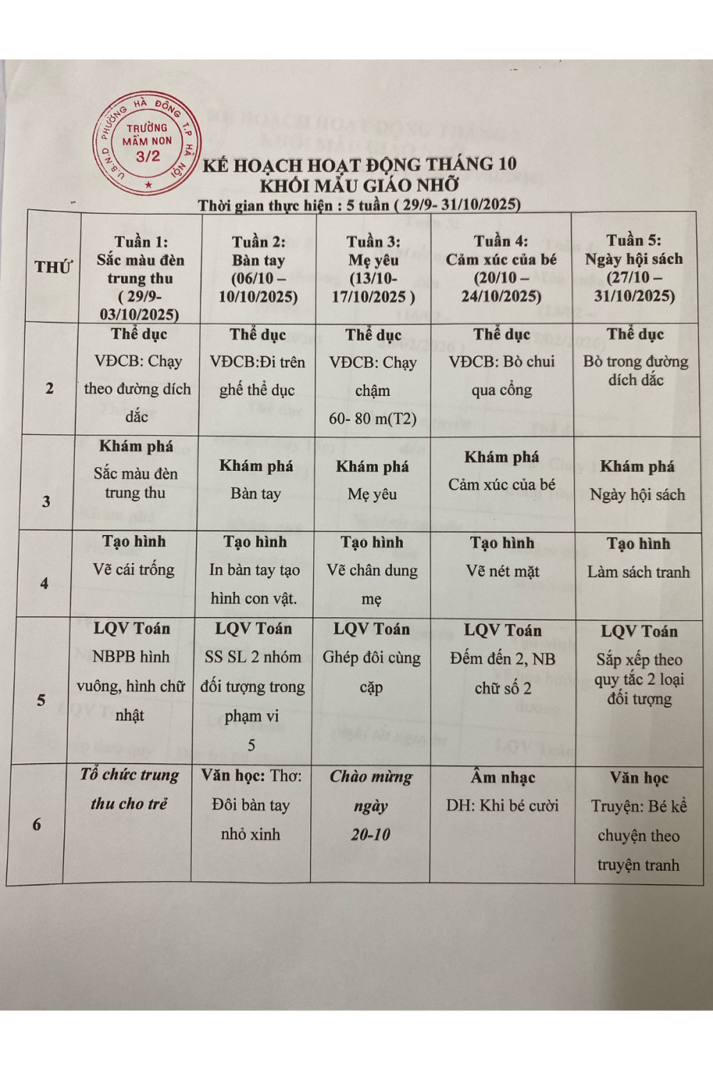 Kế hoạch hoạt động tháng 10/2025 - Khối MGN