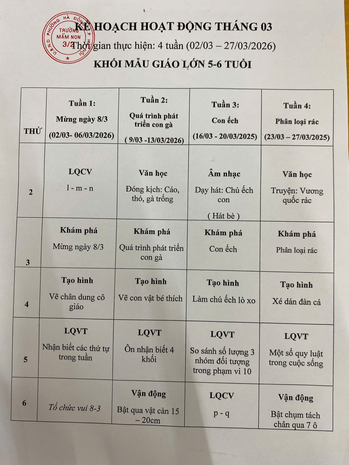 Kế hoạch hoạt động tháng 3/2026 - Khối MGL