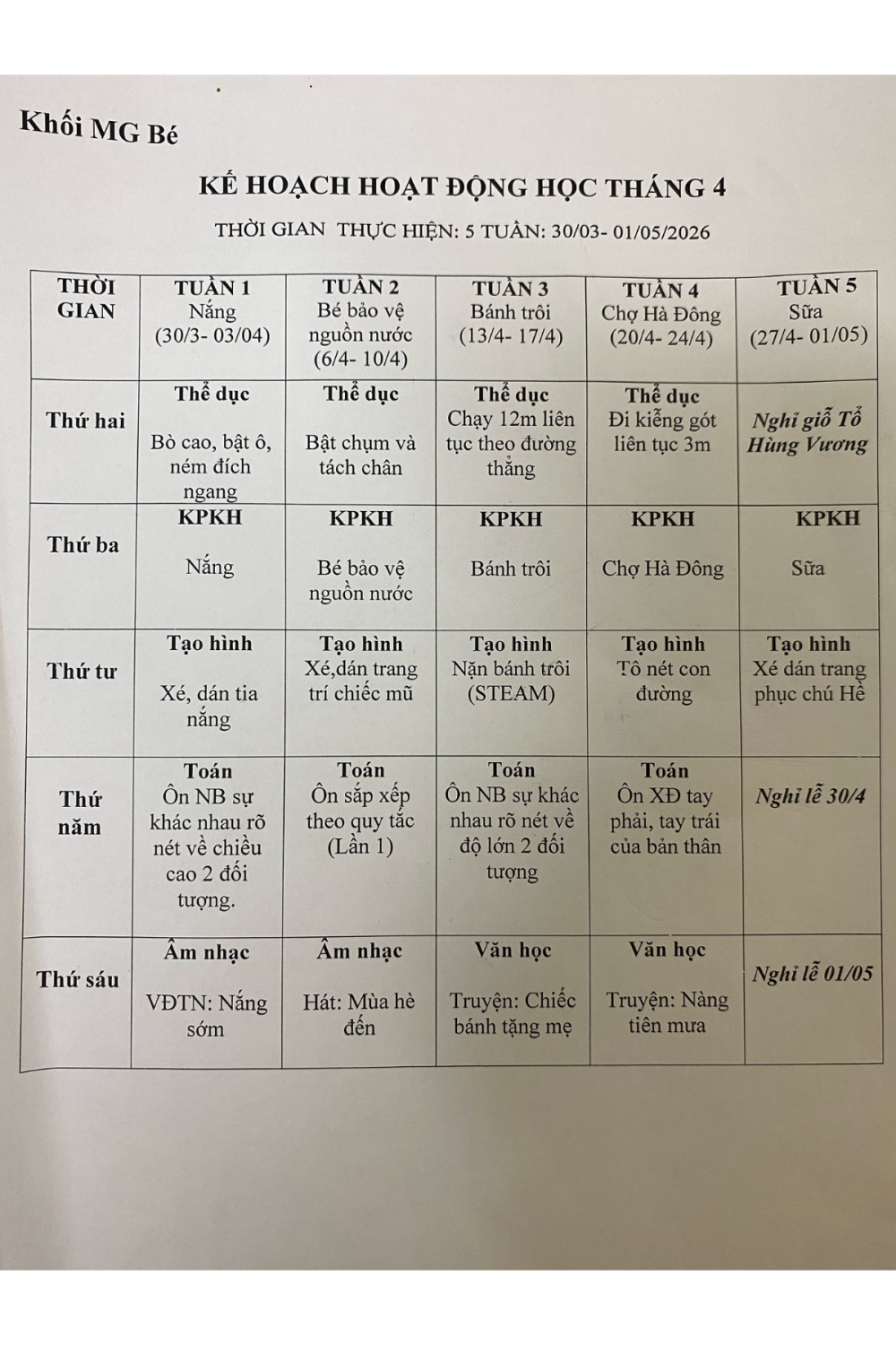 Kế hoạch hoạt động Tháng 4/2026 - Khối MGB